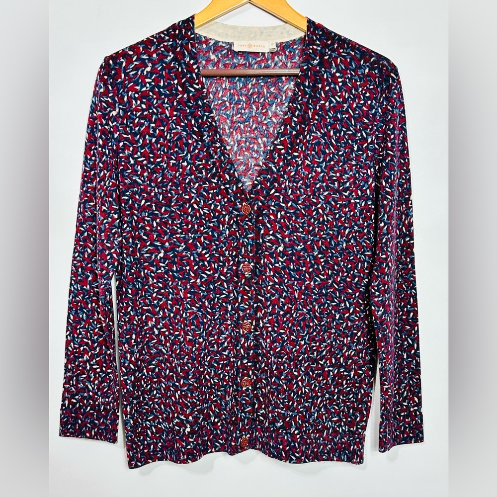 Tory Burch Women's printed Blouse V Neck Cardigan 100% Merino Wool Size S